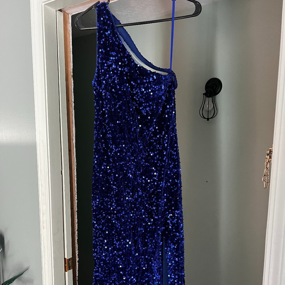 One Shoulder Royal Blue Sequin Formal Gown with Slit - Prom/Evening Dress